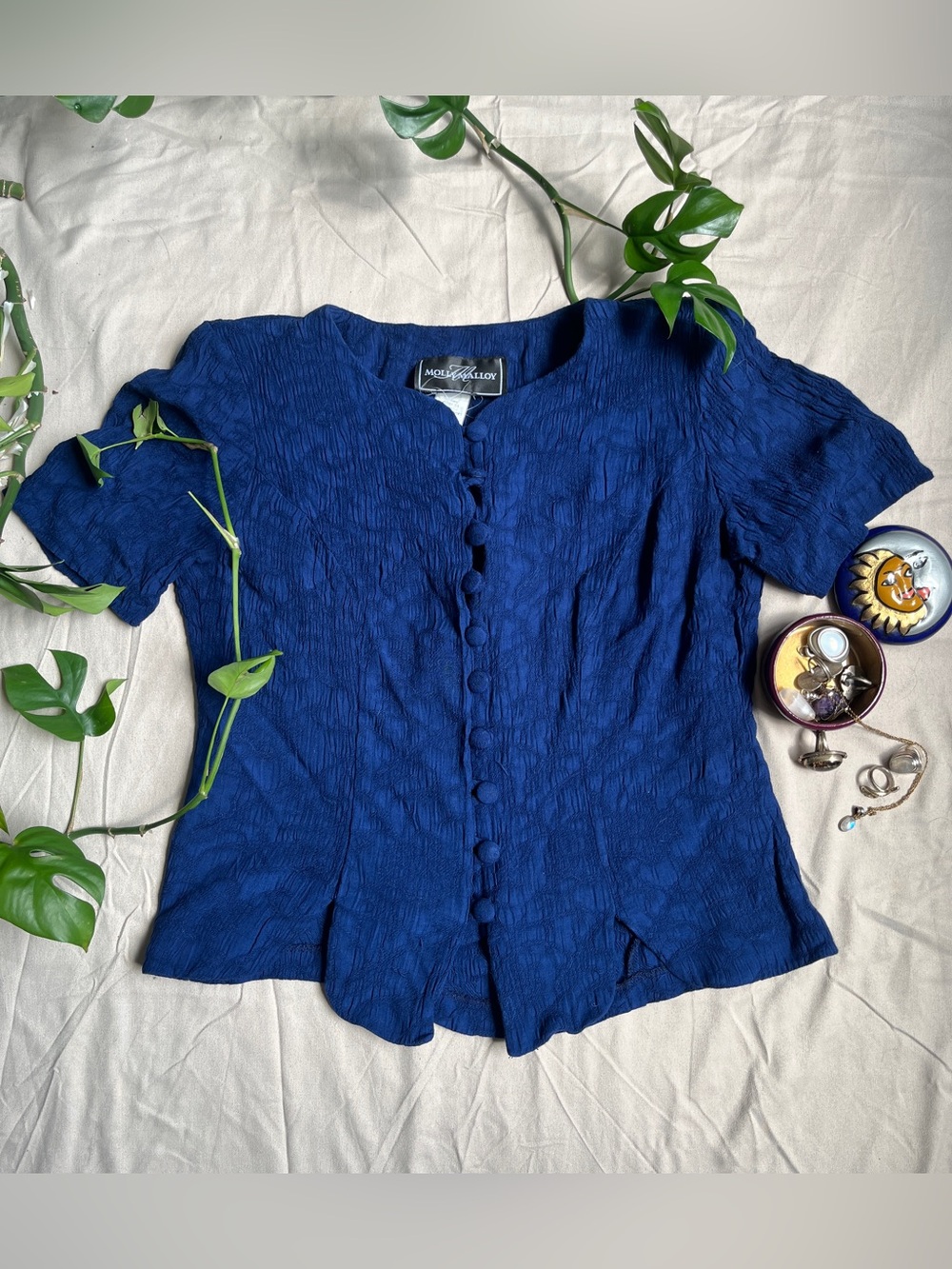 Blue Textured Button-Front whimsigoth blouse